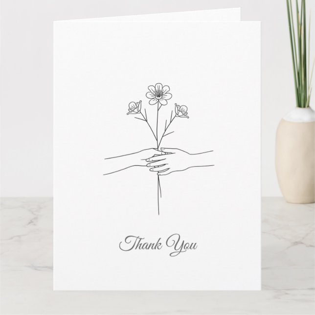 Minimalist Line Art Hands & Flowers Wedding Thank  You Card (Front)