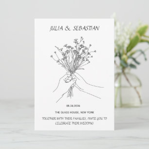 Minimalist Line Art Hands Holding Flowers Wedding  Invitation