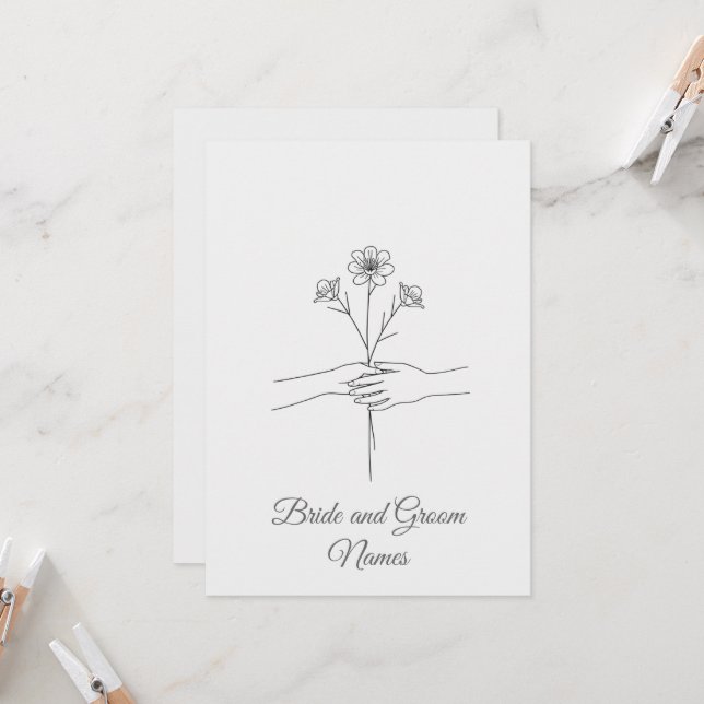 Minimalist Line Art Hands holding Flowers Wedding  Invitation (Front/Back In Situ)