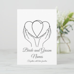 Minimalist Line Art Hearts & Hands Grey Wedding In Invitation