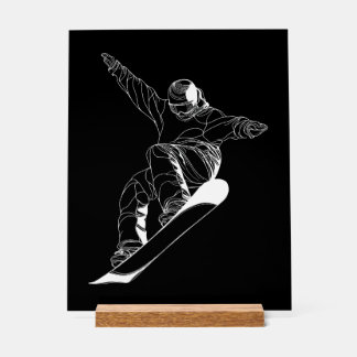 Minimalist line art illustration of a snowboarder