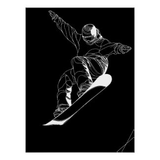 Minimalist line art illustration of a snowboarder poster