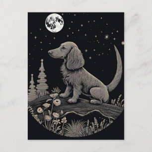 Minimalist Line Art Of a Dachshund On a Moon Postcard