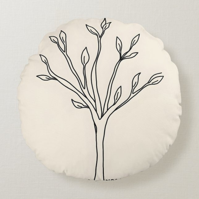 Minimalist Line Art of a Tree with Few Leaves Round Pillow (Front)