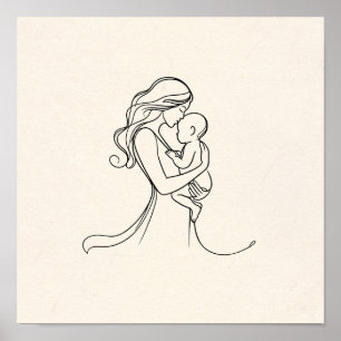 Minimalist Line Art of Mom and Baby Poster