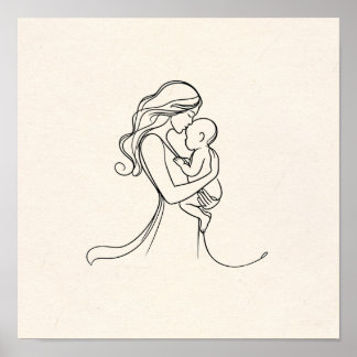 Minimalist Line Art of Mom and Baby Poster