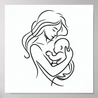 Minimalist Line Art of Mom and Baby Poster