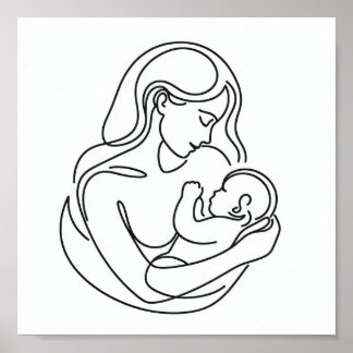 Minimalist Line Art of Mom and Baby Poster