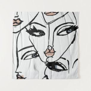 Minimalist line art of women faces tapestry