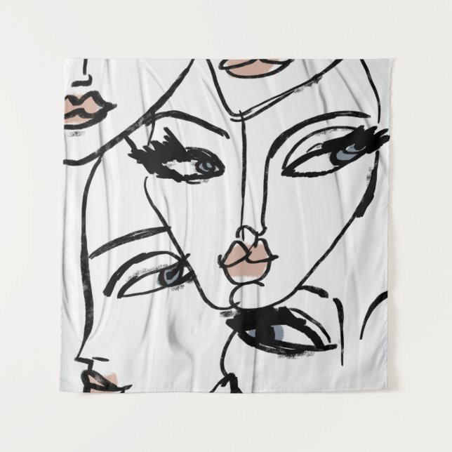 Minimalist line art of women faces tapestry (Front)