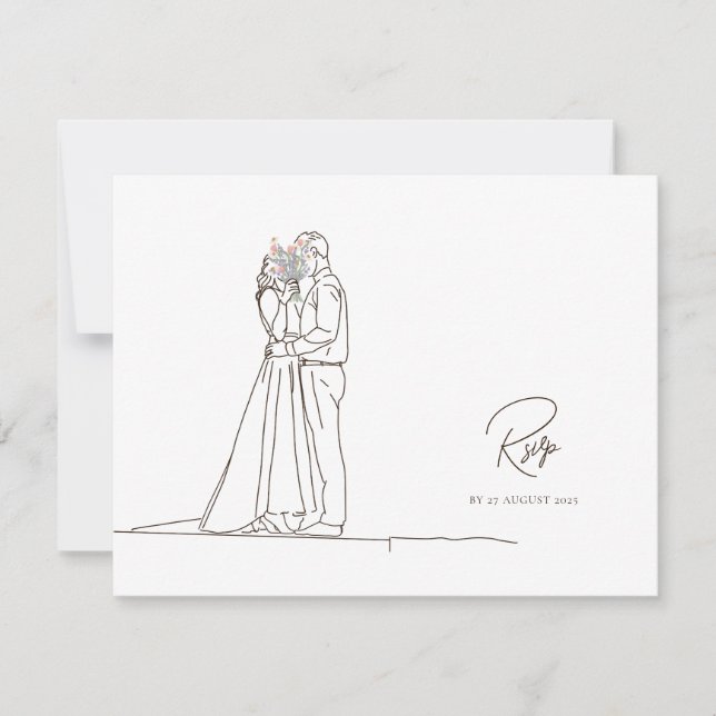 Minimalist Line Art Romantic Couple Floral Bouquet RSVP Card (Front)