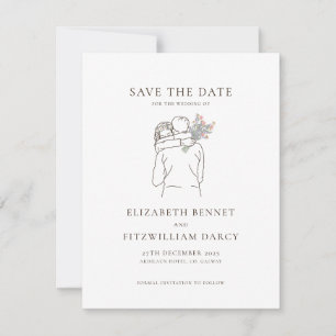 Minimalist Line Art Romantic Couple with Flowers Save The Date