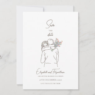 Minimalist Line Art Romantic Couple With Flowers  Save The Date