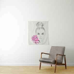 Minimalist line art woman drawing top bun fashion  tapestry