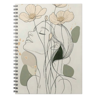 Minimalist Line Art Woman with Floral Notebook