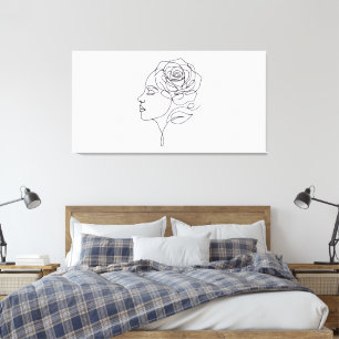 Minimalist Line Art Woman with Rose Flower Canvas  Print