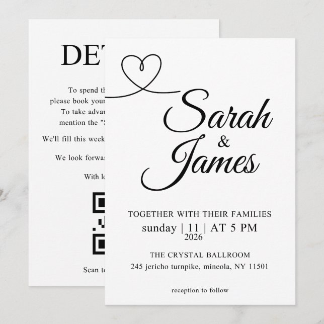 Minimalist Line Heart QR Code All-in-One  Invitation (Front/Back)