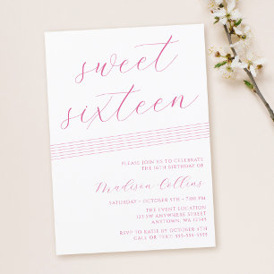 Minimalist Lines Pink White Sweet 16 Invitation