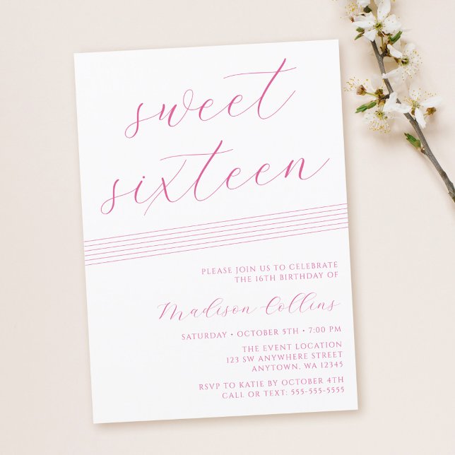 Minimalist Lines Pink White Sweet 16 Invitation (Creator Uploaded)