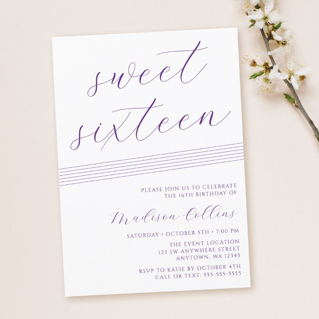 Minimalist Lines Purple White Sweet 16 Invitation (Creator Uploaded)