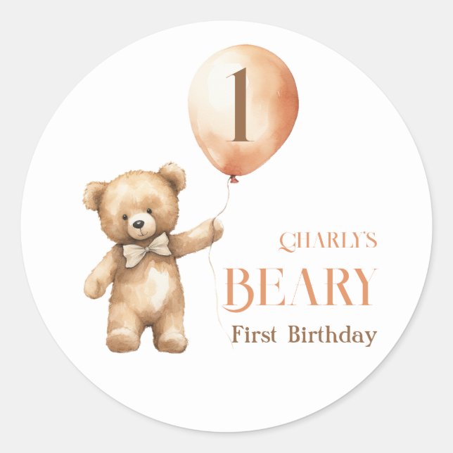 Minimalist Little Bear Beige Beary 1st Birthday Classic Round Sticker (Front)
