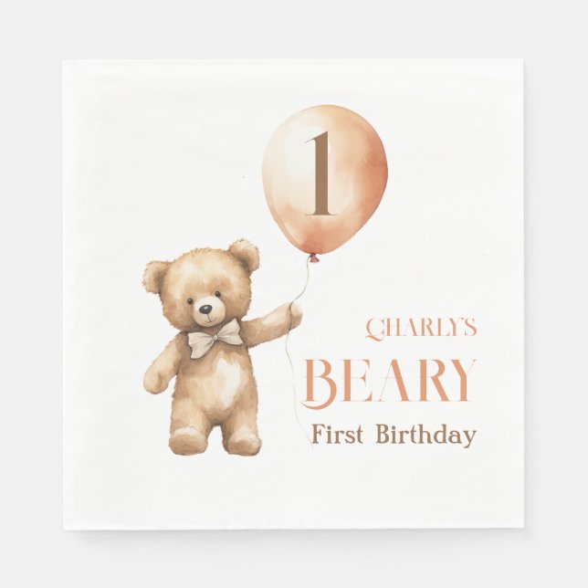 Minimalist Little Bear Beige Beary 1st Birthday Napkin (Front)