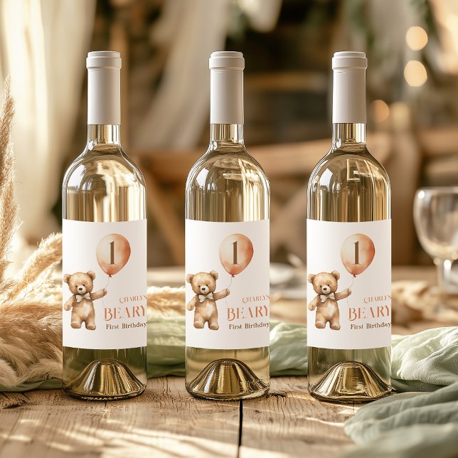 Minimalist Little Bear Beige Beary 1st Birthday Wine Label (Creator Uploaded)