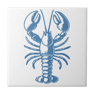 Minimalist Lobster Line Art Blue Outline Coastal Tile
