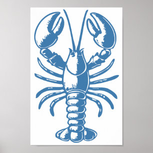 Minimalist Lobster Line Art Blue Outline Nautical Poster