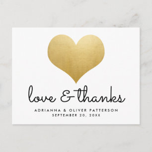 Minimalist Love And Thanks Faux Gold Foil Heart Postcard