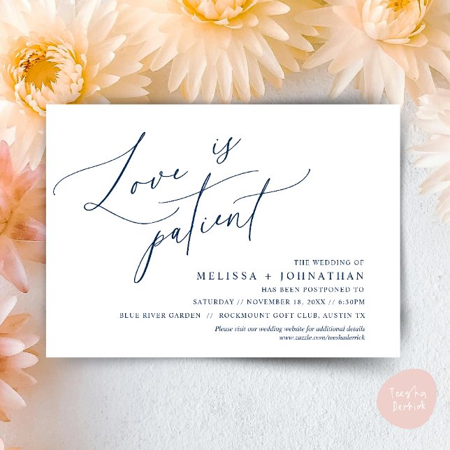 Minimalist, Love is patient, Change the date card (Minimalist, Love is patient, Romantic Wedding Change the new date card PDF in Navy Blue)