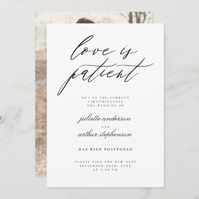 Minimalist Love Is Patient Wedding Postponement Invitation (Front/Back)
