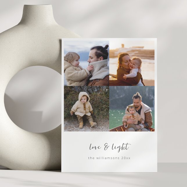 Minimalist Love Light Hanukkah Script 4 Photo Grid Holiday Card (Creator Uploaded)