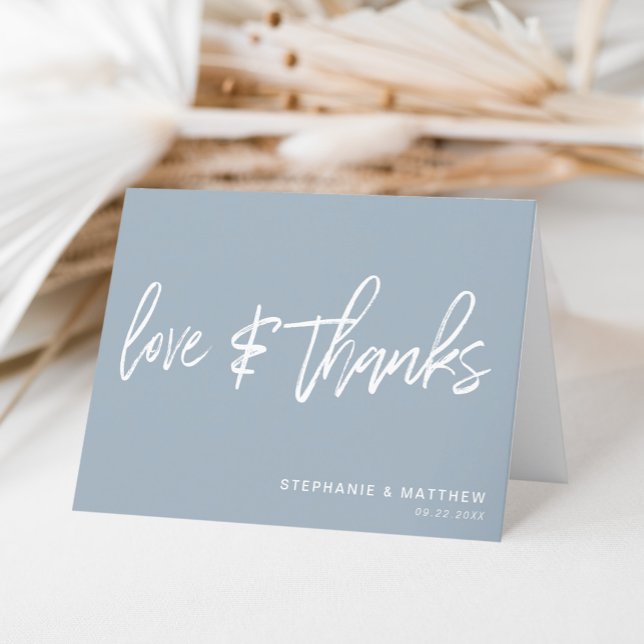 Minimalist Love & Thanks Handwritten Dusty Blue Thank You Card (A simple and elegant way to say thank you with a personal touch by adding couple details.)