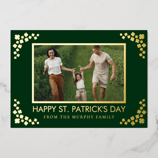 Minimalist lucky shamrock st. Patrick's Day Photo Foil Holiday Card (Front)