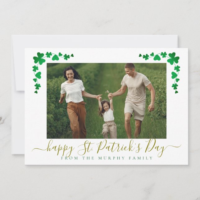 Minimalist lucky shamrock st. Patrick's Day Photo Holiday Card (Front)