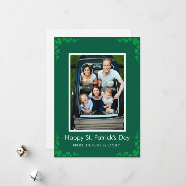 Minimalist lucky shamrock st. Patrick's Day Photo Holiday Card (Front/Back In Situ)