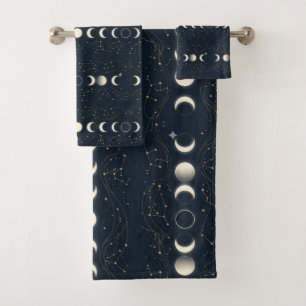 Minimalist Lunar Phases Pattern with Stars and Nig Bath Towel Set