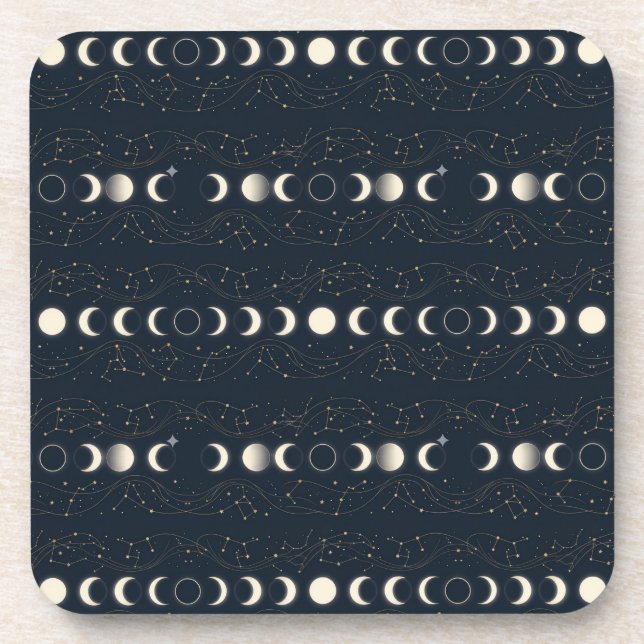 Minimalist Lunar Phases Pattern with Stars and Nig Coaster (Front)