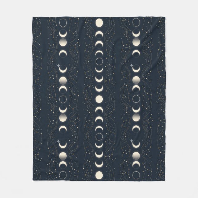 Minimalist Lunar Phases Pattern with Stars and Nig Fleece Blanket (Front)