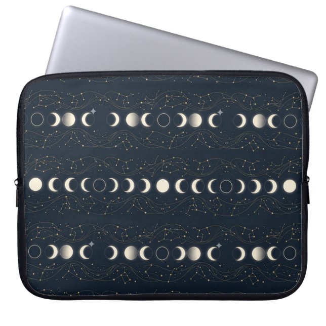 Minimalist Lunar Phases Pattern with Stars and Nig Laptop Sleeve (Front)