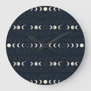 Minimalist Lunar Phases Pattern with Stars and Nig Large Clock