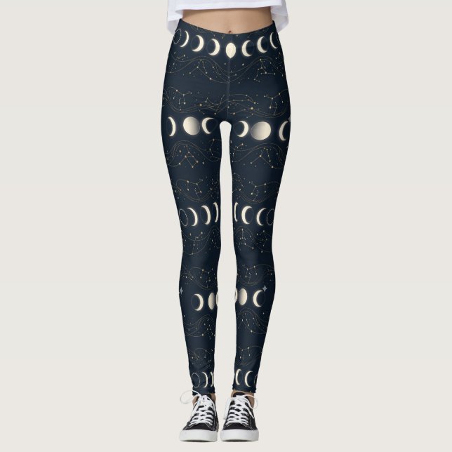 Minimalist Lunar Phases Pattern with Stars and Nig Leggings (Front)