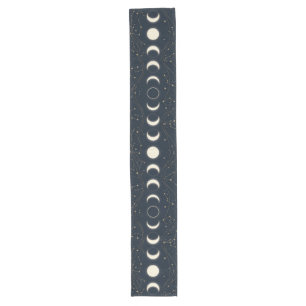 Minimalist Lunar Phases Pattern with Stars and Nig Long Table Runner