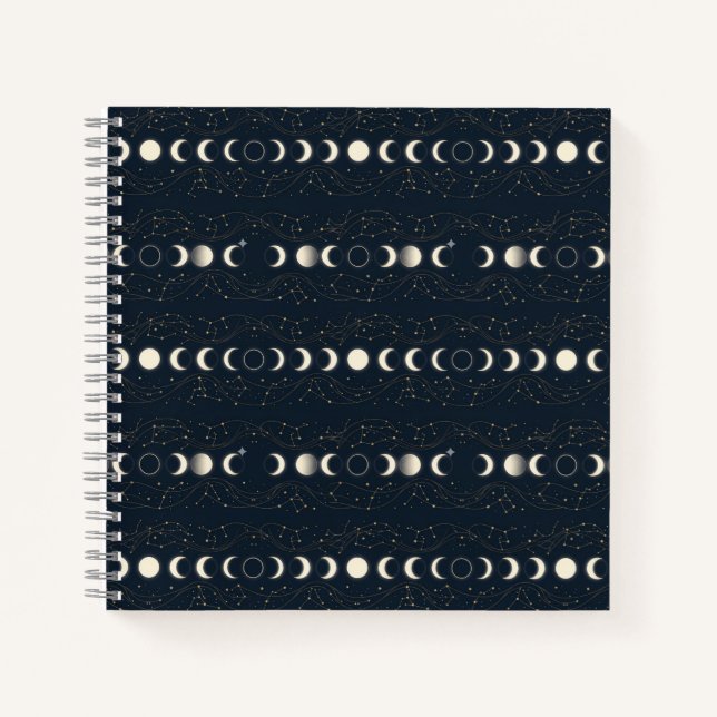 Minimalist Lunar Phases Pattern with Stars and Nig Notebook (Front)