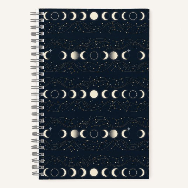 Minimalist Lunar Phases Pattern with Stars and Nig Notebook (Front)