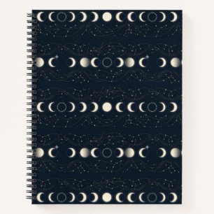Minimalist Lunar Phases Pattern with Stars and Nig Notebook