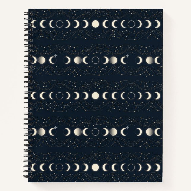 Minimalist Lunar Phases Pattern with Stars and Nig Notebook (Front)