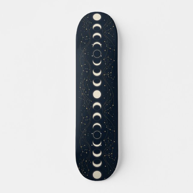 Minimalist Lunar Phases Pattern with Stars and Nig Skateboard (Front)