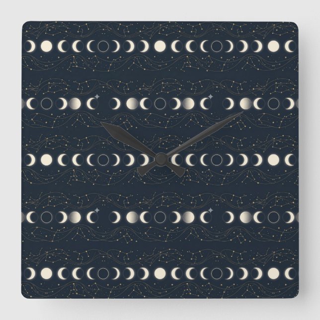Minimalist Lunar Phases Pattern with Stars and Nig Square Wall Clock (Front)